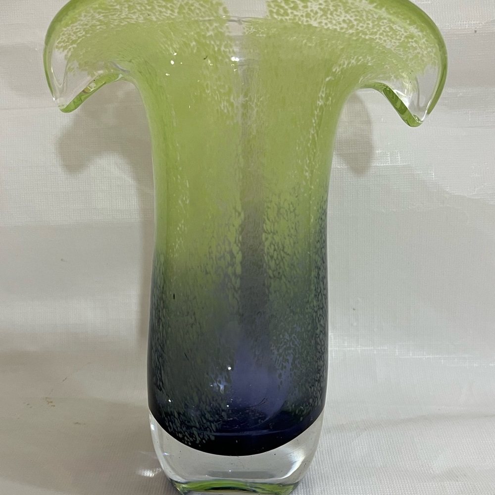 Vintage Teleflora Art Glass Trumpet Vase, 7.5" Tall Blue and Green